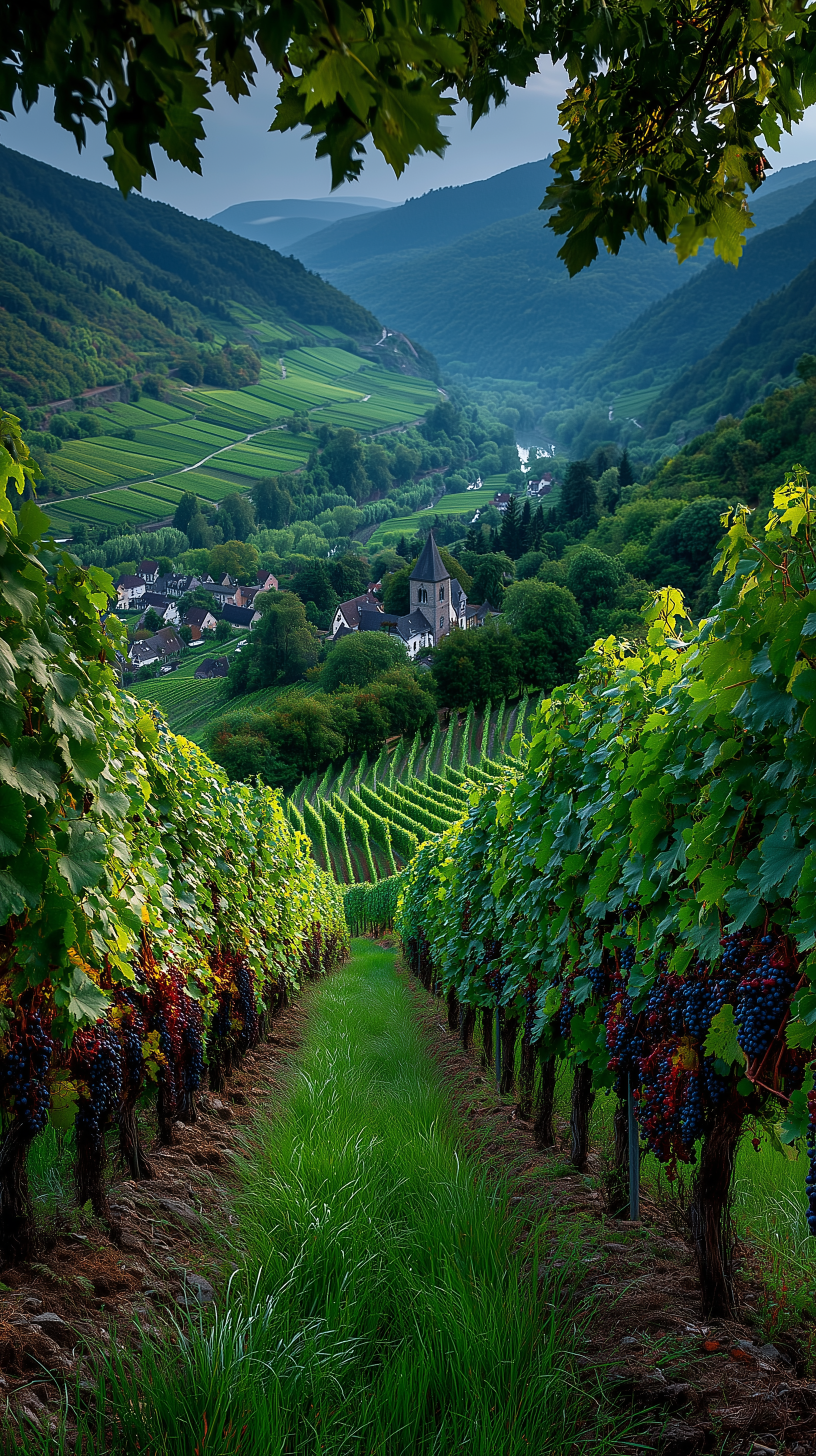 Rows of vineyards with red grapes
