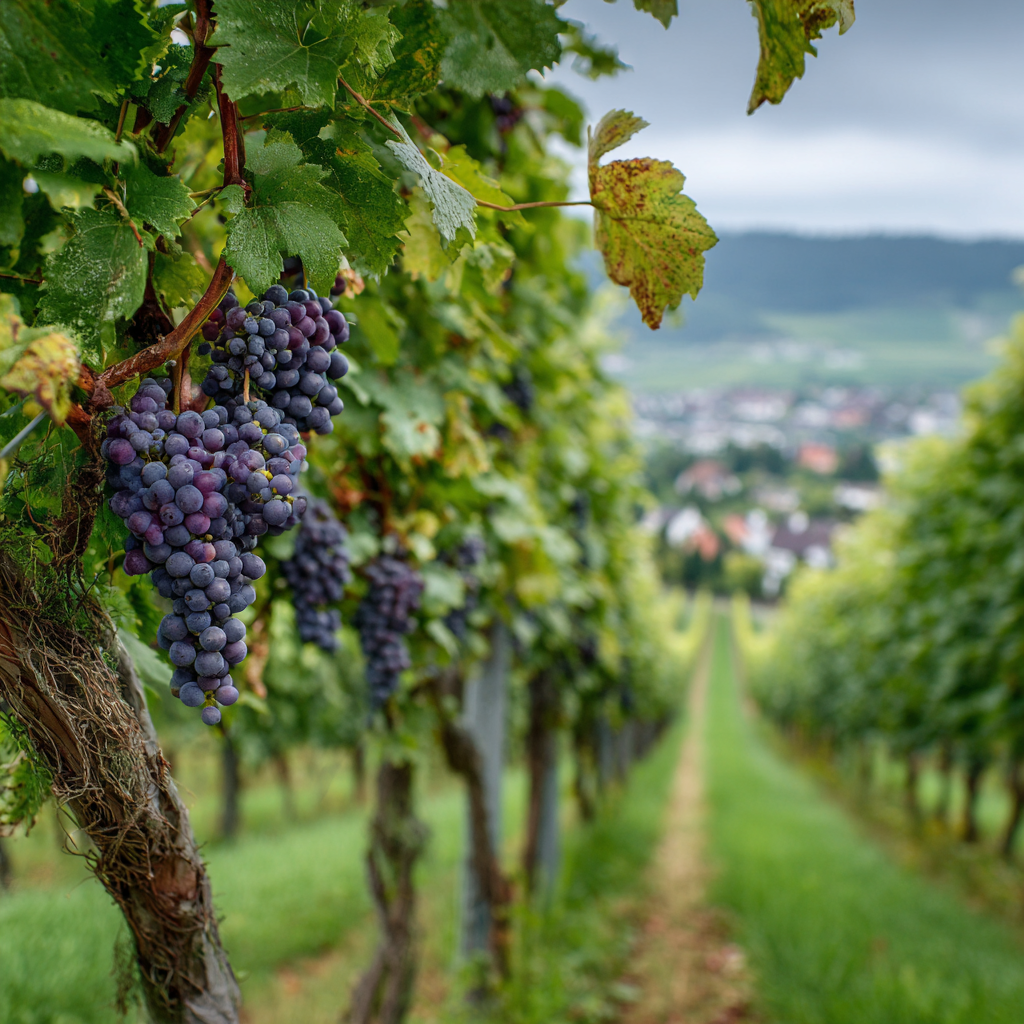 Vineyard on a trellis above a village
